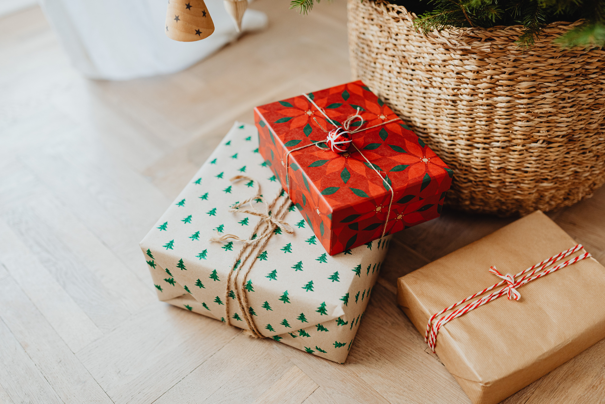 Christmas Gifts Lying on Floor Under Christmas Tree